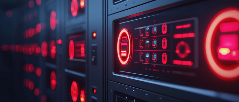 Fire Alarm System Response Concept. A close-up of a modern data server rack with glowing red indicators, showcasing advanced technology and intricate digital controls.