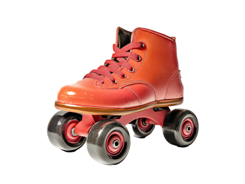a red roller skate with black wheels