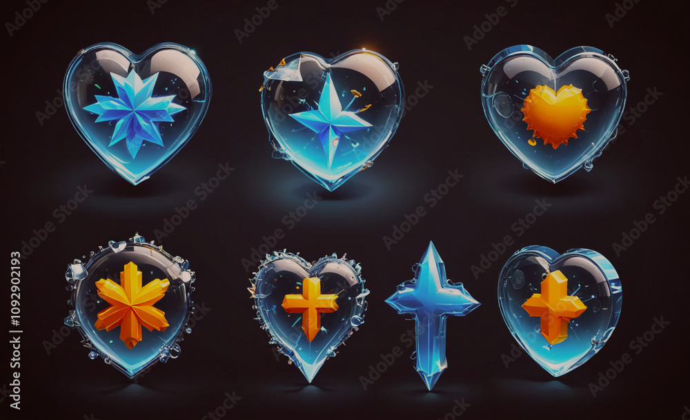 Poster set of six heart-shaped glass icons with a cross and an emt symbol. the icons are all different size