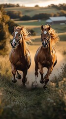 Obraz premium Two horses race joyfully across a sunlit field, their manes flowing, creating a dynamic scene of freedom and strength.