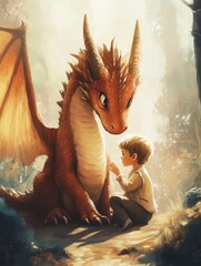 Hand draw Illustration art of dragon and boy for book (3:4)