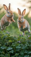 Obraz premium Two rabbits joyfully leaping in a lush meadow filled with clover during a sunny spring day.