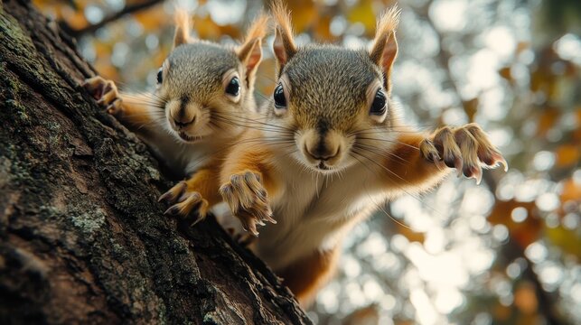 Two squirrels chase each other playfully up a tree trunk in a vibrant forest setting, showcasing their lively interaction.