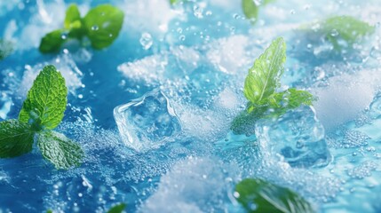 Fresh Mint Leaves with Ice Cubes and Bubbles in a Refreshing Blue Background, Evoking a Cool and Rejuvenating Summer Drink Experience