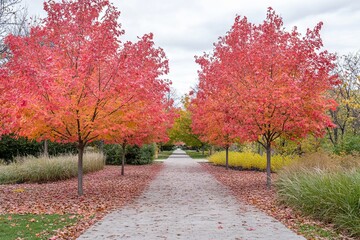 Red Maple Trees in Autumn with Fallen Leaves and Vibrant Foliage. AI generated illustration