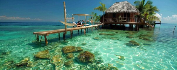 Obraz premium A serene tropical scene featuring a wooden dock and a thatched-roof hut over clear water.