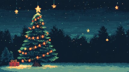 Beautiful Christmas Tree with Twinkling Stars and Gifts in a Winter Night Landscape, Perfect for Holiday Celebrations and Seasonal Decorations