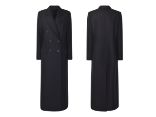 women's elegant black trench coat, front and back view Isolated, Women's trendy Clothes, Spring and summer fashion stylish confident woman in long coat