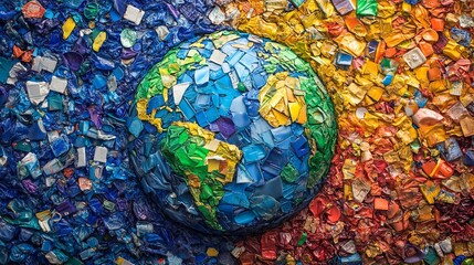 The Earth Made of Colorful Recycled Plastic Pieces, Planet Covered with Trash in Vibrant Colors. AI generated illustration