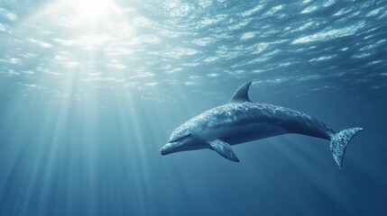 Fototapeta premium Graceful Dolphin Swimming Underwater with Sunlight Streaming Through Ocean Surface, Creating a Magical and Serene Marine Atmosphere