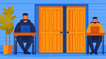 Two men working on laptops in a colorful office space with doors.