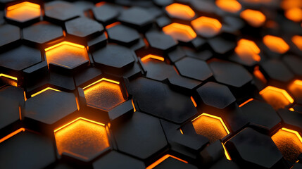 Glowing Hexagon Pattern: Abstract 3D Design with Orange Accents