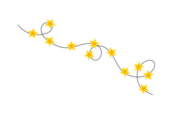 Christmas colorful bright yellow star lights curly string garland simple doodle hand drawn vector illustration, flat style cartoon image for winter New Year holiday, birthday events design