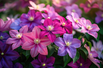 Fototapeta premium Vibrant clematis flowers in a colorful field during springtime bloom