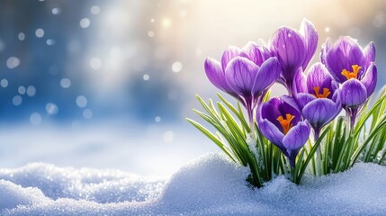 Beautiful Crocuses Blooming Through Snow in Soft Light, Symbolizing Spring's Arrival and Nature's Resilience Against Winter's Chill in a Dreamy Atmosphere