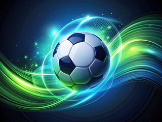 Naklejka premium Abstract soccer ball design set against a dark blue and green landscape, ideal for modern sports themes, digital art, and creative illustrations, highlighting dynamic graphics.