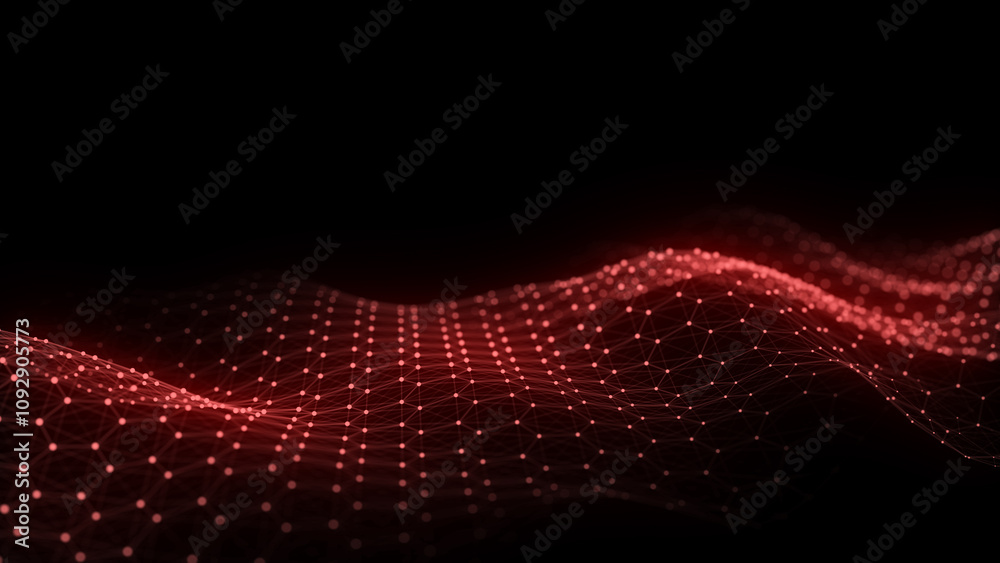 Fototapete Red wave of particles and lines. Big data visualization. Abstract background with a dynamic wave. 3d rendering.