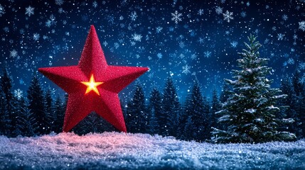 A vibrant red star stands prominently against a snowy backdrop, embodying the spirit of Christmas and the joy of the festive season.