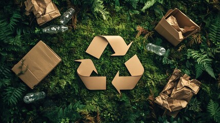 Recycling Symbol Made from Brown Paper Bags, Cardboard Boxes, and Plastic Bottles on Forest Green Grass, Moss, and Leaves. AI generated illustration