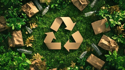 Recycling Symbol Made from Brown Paper Bags, Cardboard Boxes, and Plastic Bottles on Forest Green Grass, Moss, and Leaves. AI generated illustration