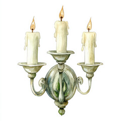 Watercolor illustration of candle style wall lamp with three candles