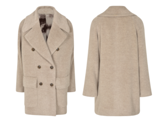 Elegant long sleeve white coat, winter fashion isolated on white background, front and back view, wool coat, clipping, ghost mannequin