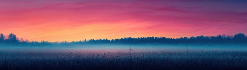 Serene Sunrise Over Misty Meadow with Vibrant Sky in Shades of Pink, Purple, and Orange, Capturing Nature's Tranquility at Dawn