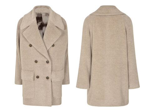 Elegant long sleeve white coat, winter fashion isolated on white background, front and back view, wool coat, clipping, ghost mannequin