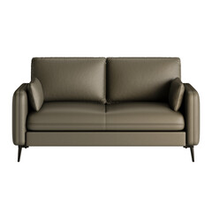 A tan leather couch with two cushions on each side