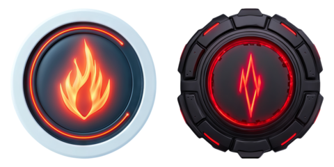 Fire alarm and alert response concept. Fiery symbols with glowing effects.