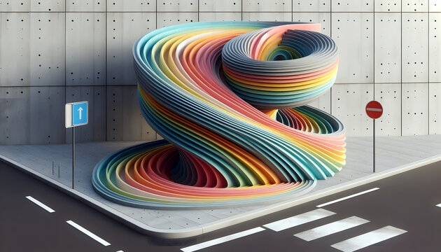 Gewendelte Auffahrt Rampe. 3D Druck im Strassenverkehr.