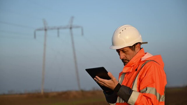 Electrical engineer using digital tablet computer out in the field close to electricity pylons, 4K