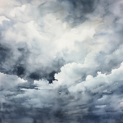 Obraz premium Dramatic watercolor artwork showcases stormy clouds in grayscale tones, creating an atmospheric, abstract, moody, and captivating natural scene.