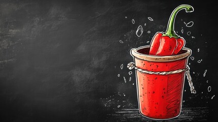Colorful bell pepper emerging from a vibrant red container against a rustic blackboard background, ideal for culinary or agricultural presentations and websites.