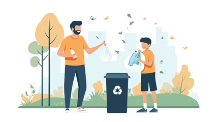 Happy Family Cleaning Park Together Concept with Man and Boy Enjoying Quality Time Outdoors