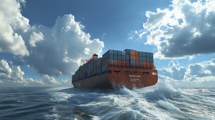Container ship sailing on the ocean with wave splash