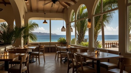 Here's a  and keyword list for your stock photo.. Sunlit ocean view restaurant interior with tables and chairs.