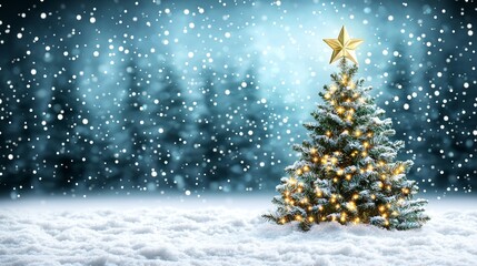 A beautifully adorned Christmas tree topped with a shining star stands majestically amidst a serene blanket of snow, evoking the spirit of the holiday season.