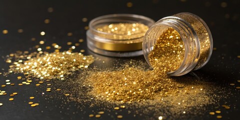 Golden Glitter Spilled from Jars on Dark Surface A Luxurious Sparkle