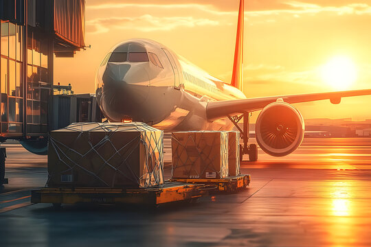 Loading cargo plane outside air freight logistic. Airmail shipping packages. Shipping boxes ready to be delivered. Generative AI