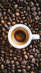 Fototapeta premium Close-up of espresso coffee cup on roasted beans – perfect for coffee shops and food blogs, cafes or barista themes, websites, ads, or posters.