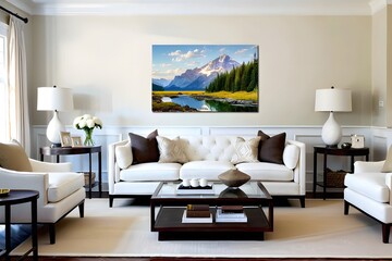 Bright white living room with an elegant painting on the wall.