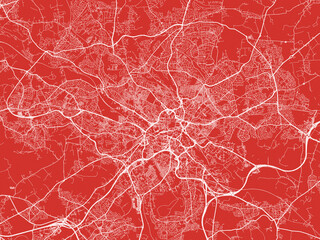 Christmas Map of Leeds, United Kingdom in Snowy White on Festive Red Background.