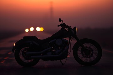 Fototapeta premium Sunset ride on a motorcycle along a quiet road at dusk