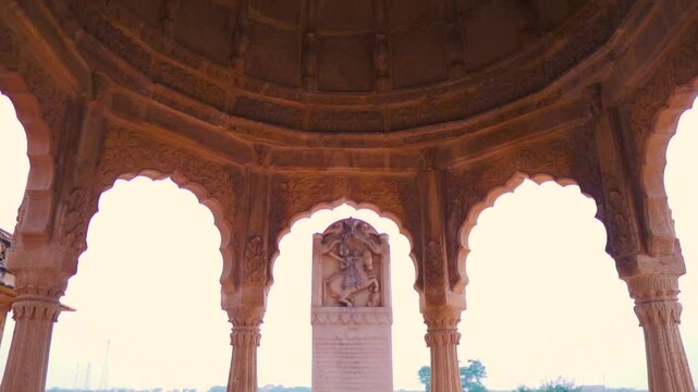 Sculpture carved in sandstone at Bada Bagh cenotaphs in Jaisalmer, Rajasthan, India. Historical Indian architecture. Travel and explore ancient city. 