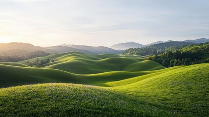 Fototapeta premium Natural make relaxation soothing and calm breathe. Lush green hills under a bright sky during golden hour.