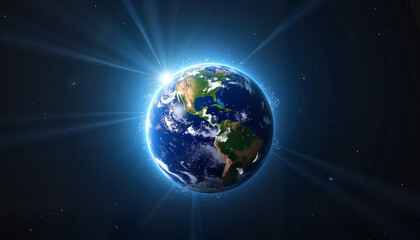 Fototapeta premium Earth's globe illuminated by sunlight in space with rays and dark background