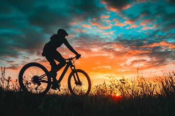 Mountain biker rides into sunset with vibrant sky colors