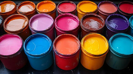 Vibrant Hues: Colorful Paint Can Collection, Artistic Supplies, Creative Projects