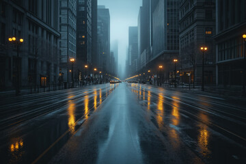 Empty urban street at night with reflections on wet pavement, glowing streetlights, and misty atmospheric background